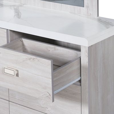 Tisley 6-Drawer Dresser with Mirror - Light Oak/White Faux Marble - With 2-Year Warranty